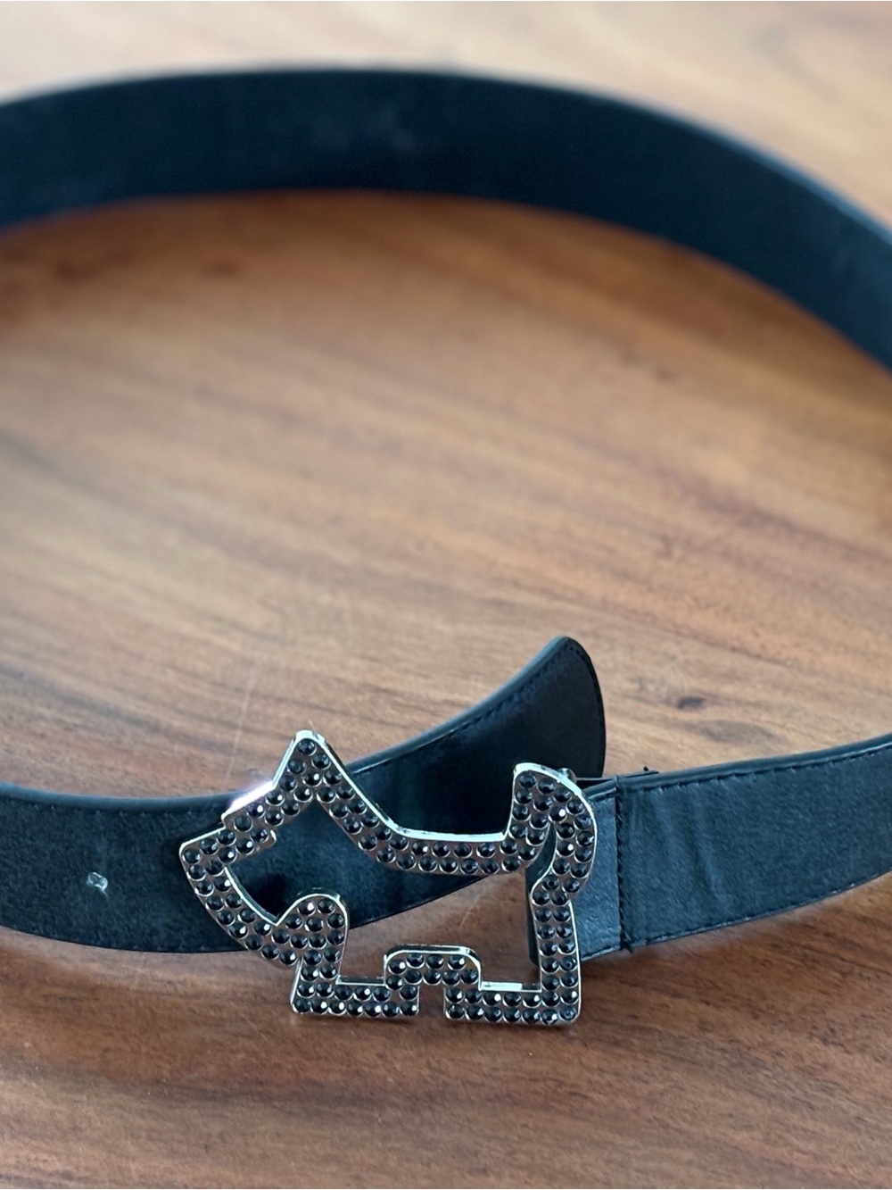 Black Leather Belt with Embellished Scottie dog shaped buckle size sm/xsmall
